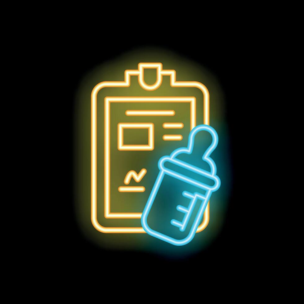 Glowing neon sign of baby bottle and medical report on clipboard vector