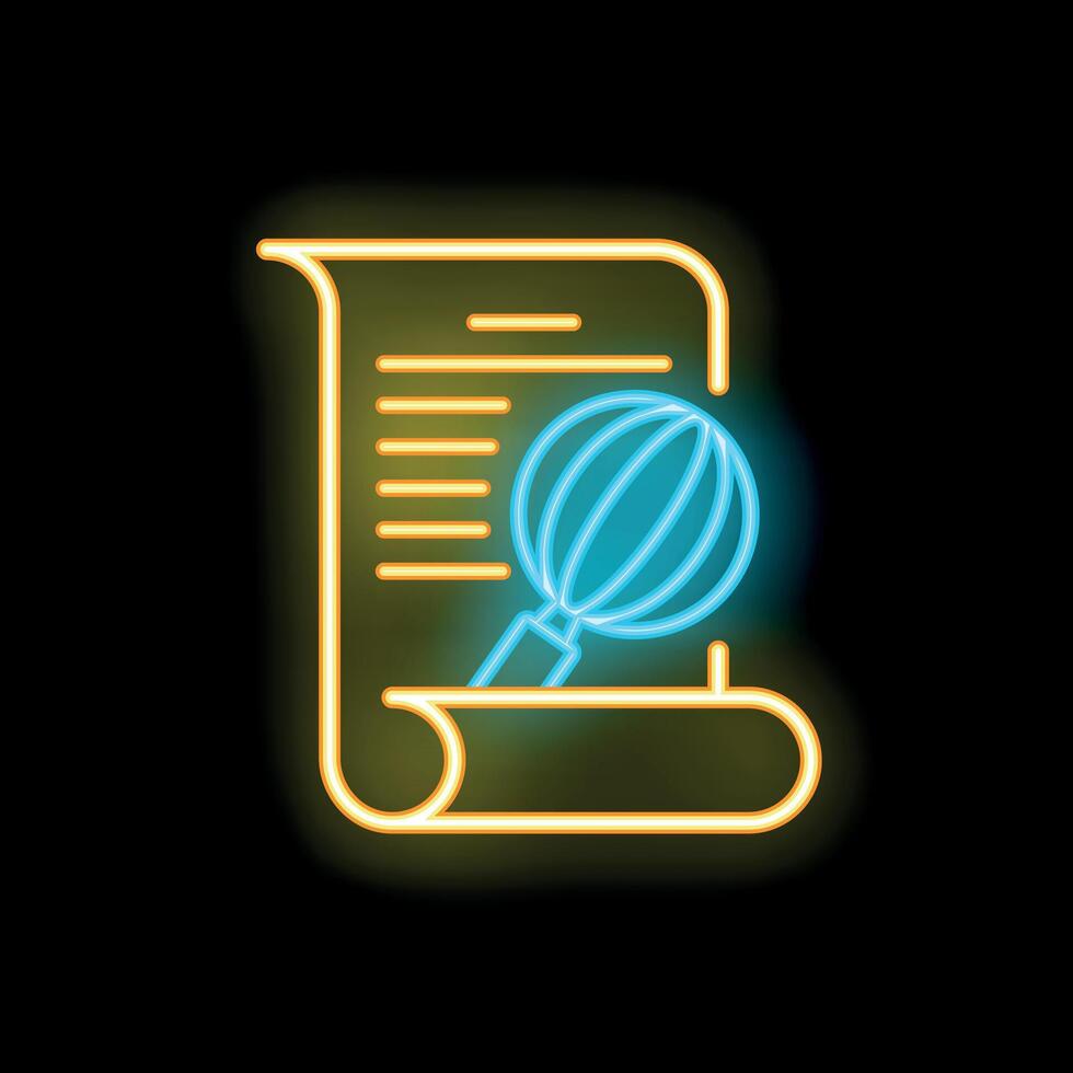 Neon icon of magnifying glass with whisk examining recipe on paper scroll vector