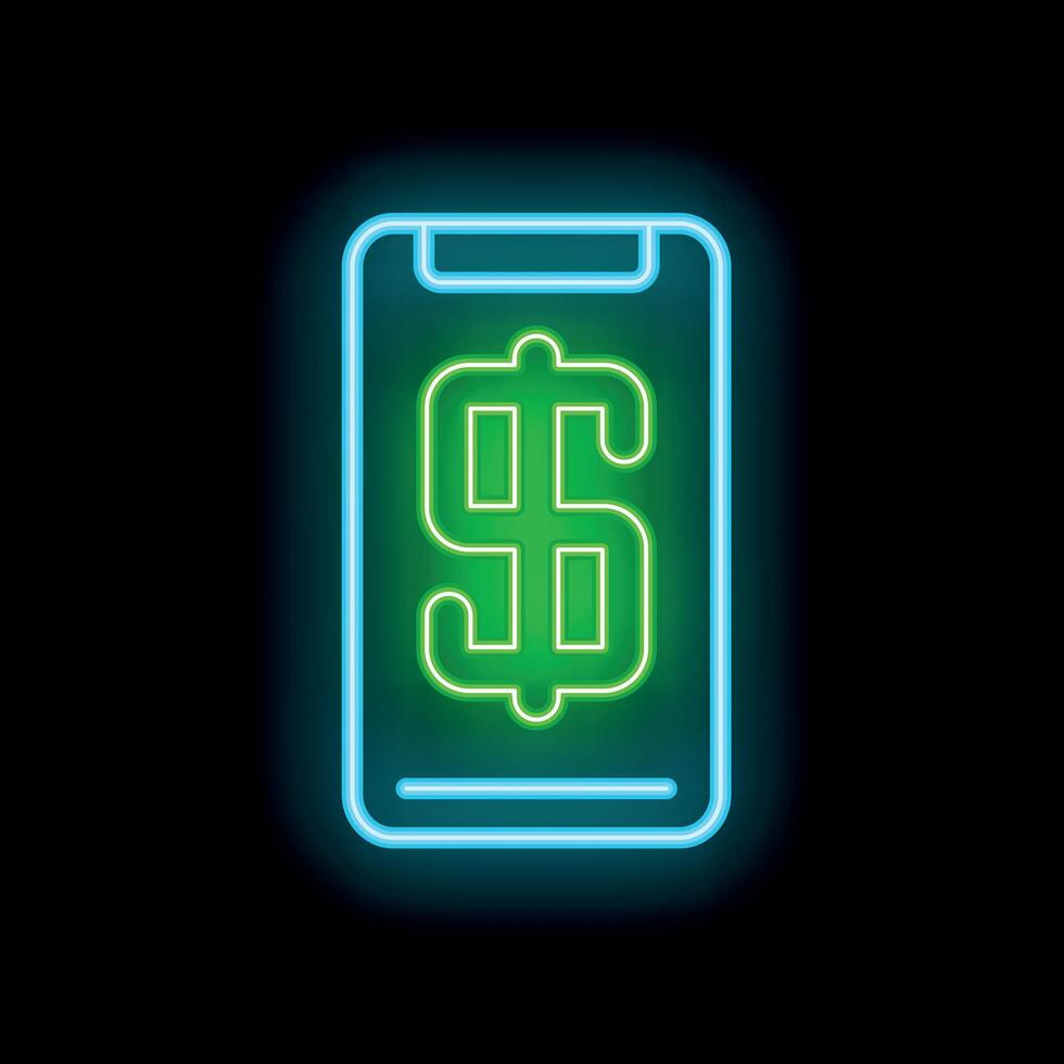 Neon mobile phone showing green dollar sign on black background vector