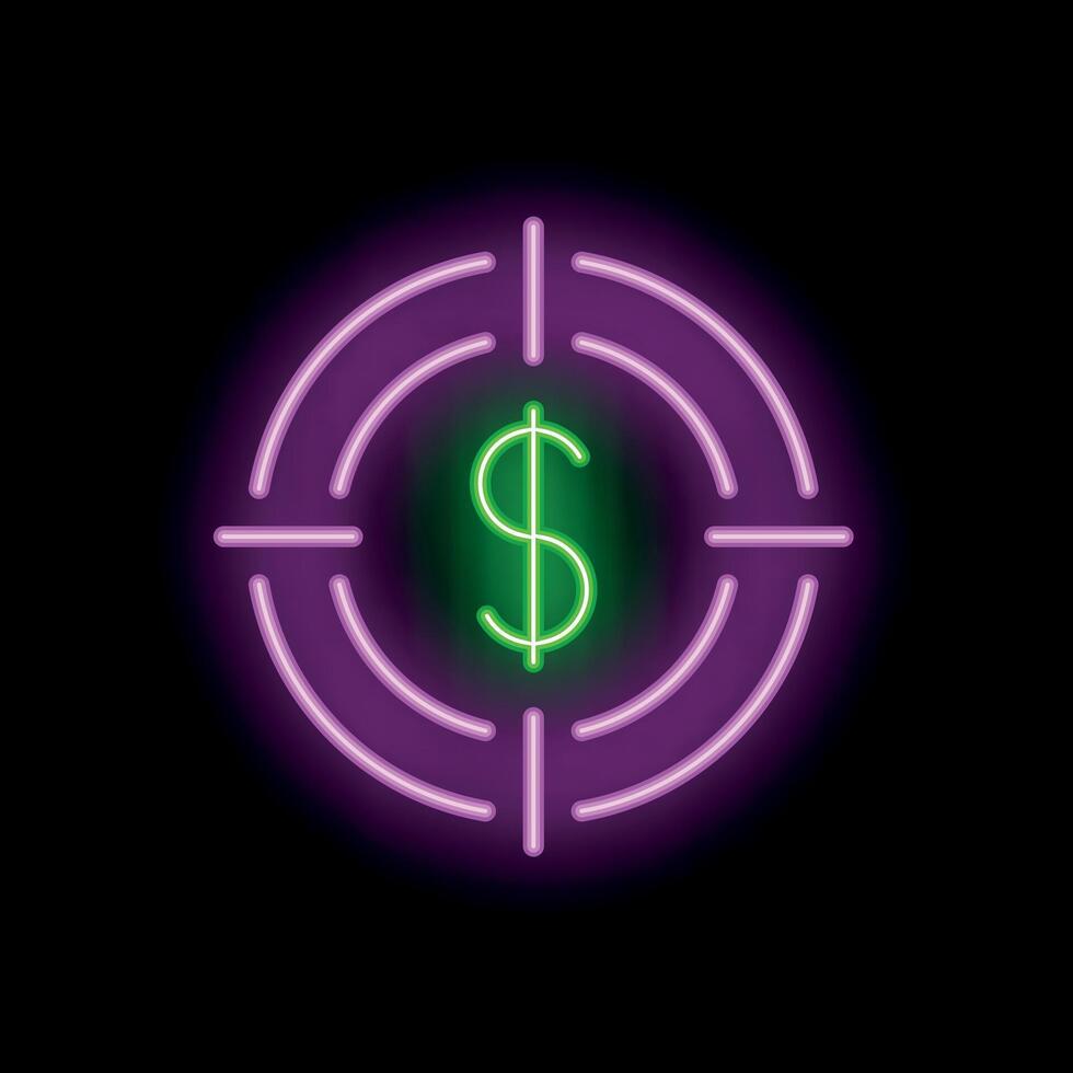 Neon target aiming at a green dollar sign on black background vector