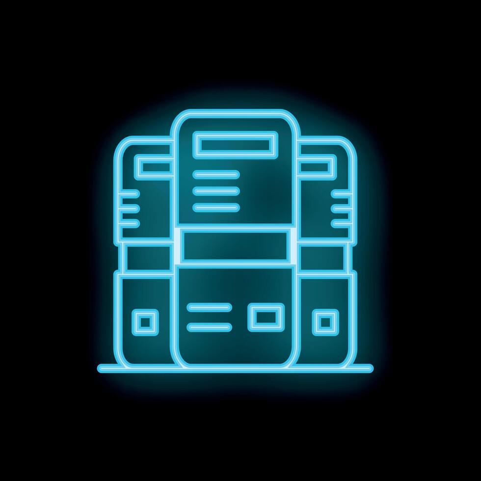 Neon blue server rack icon glowing on black background vector