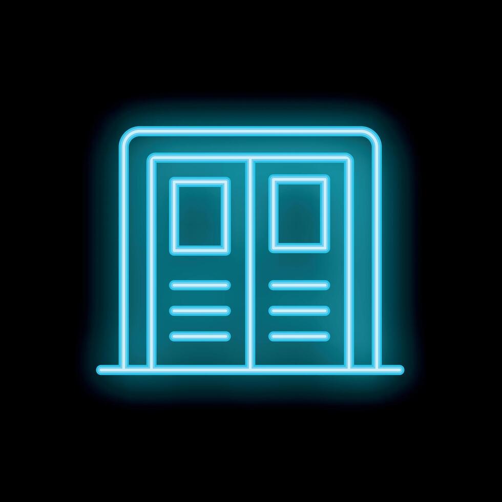 Neon sign of a double door with glass paneling glowing blue in the dark vector