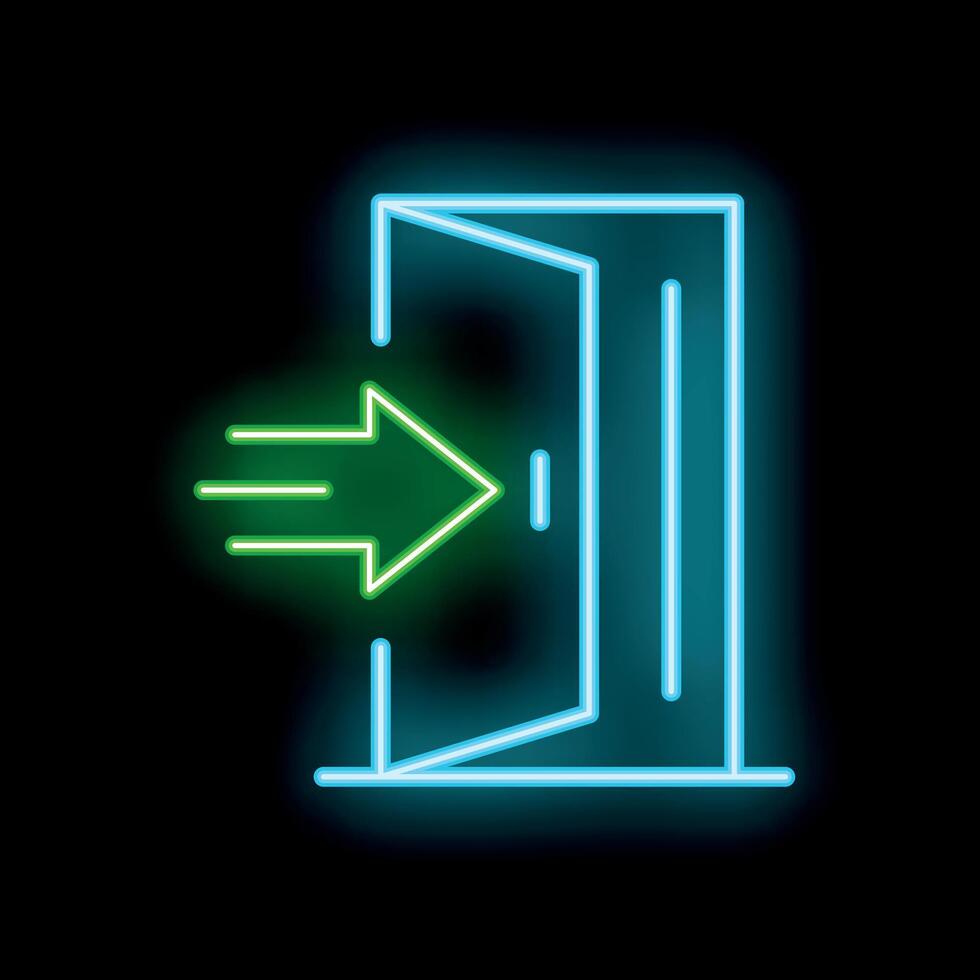 Neon green arrow pointing to open door on black background vector
