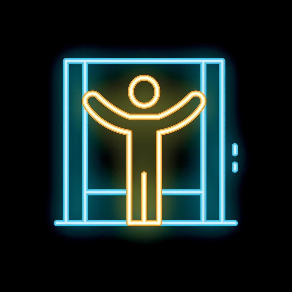 Neon icon of a person standing inside of an open elevator vector