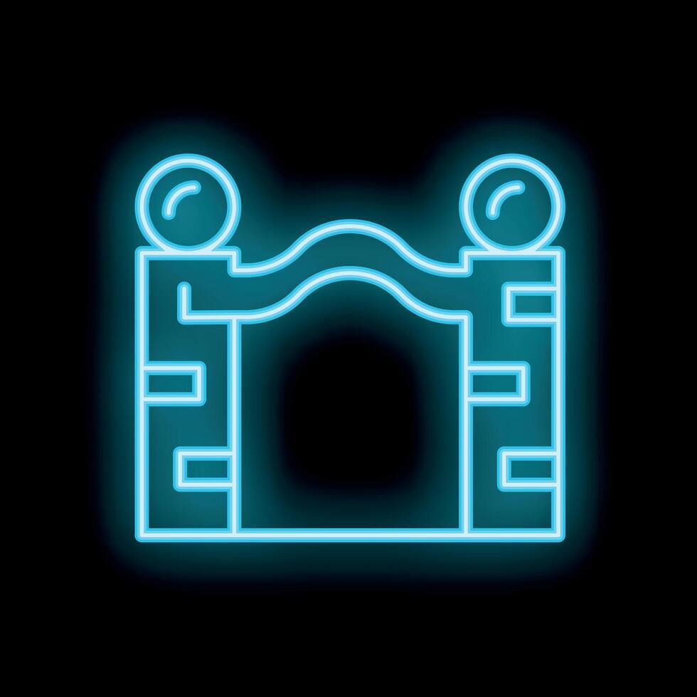 Glowing neon gate entrance icon with brick columns and round lamps on top vector