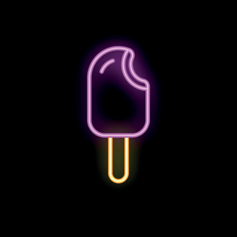Bright pink neon sign depicting bitten ice cream on a stick on black background vector
