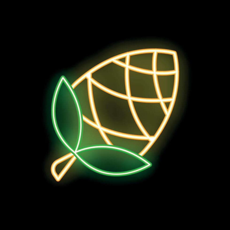 Glowing neon sign depicting a pine cone with leaves on black background vector