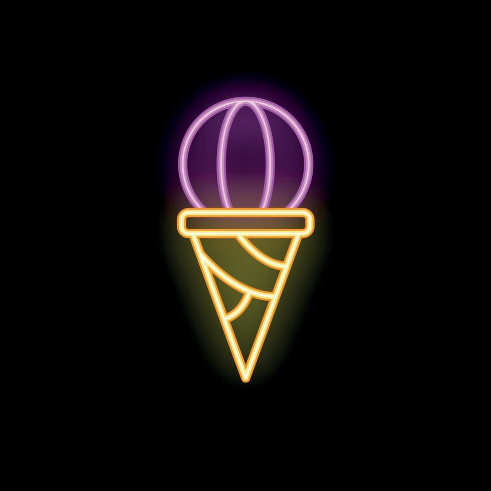 Neon sign of ice cream ball in waffle cone on black background vector