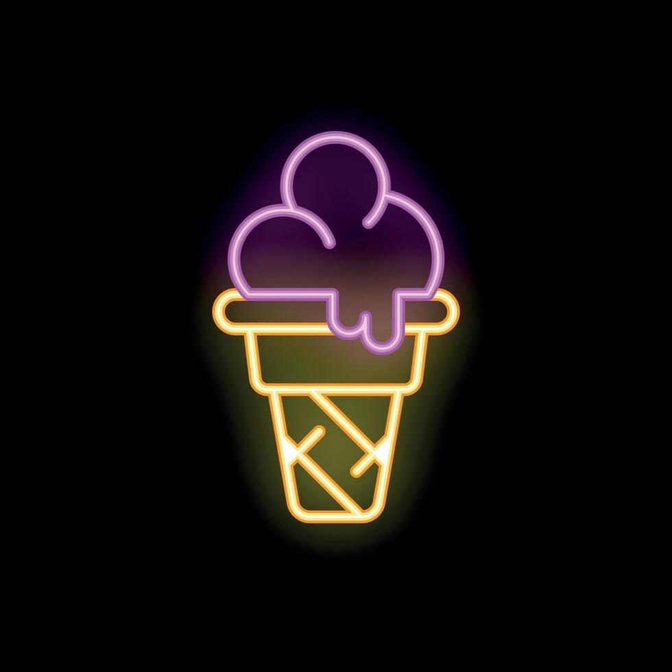Neon sign representing ice cream melting in waffle cone on black background vector