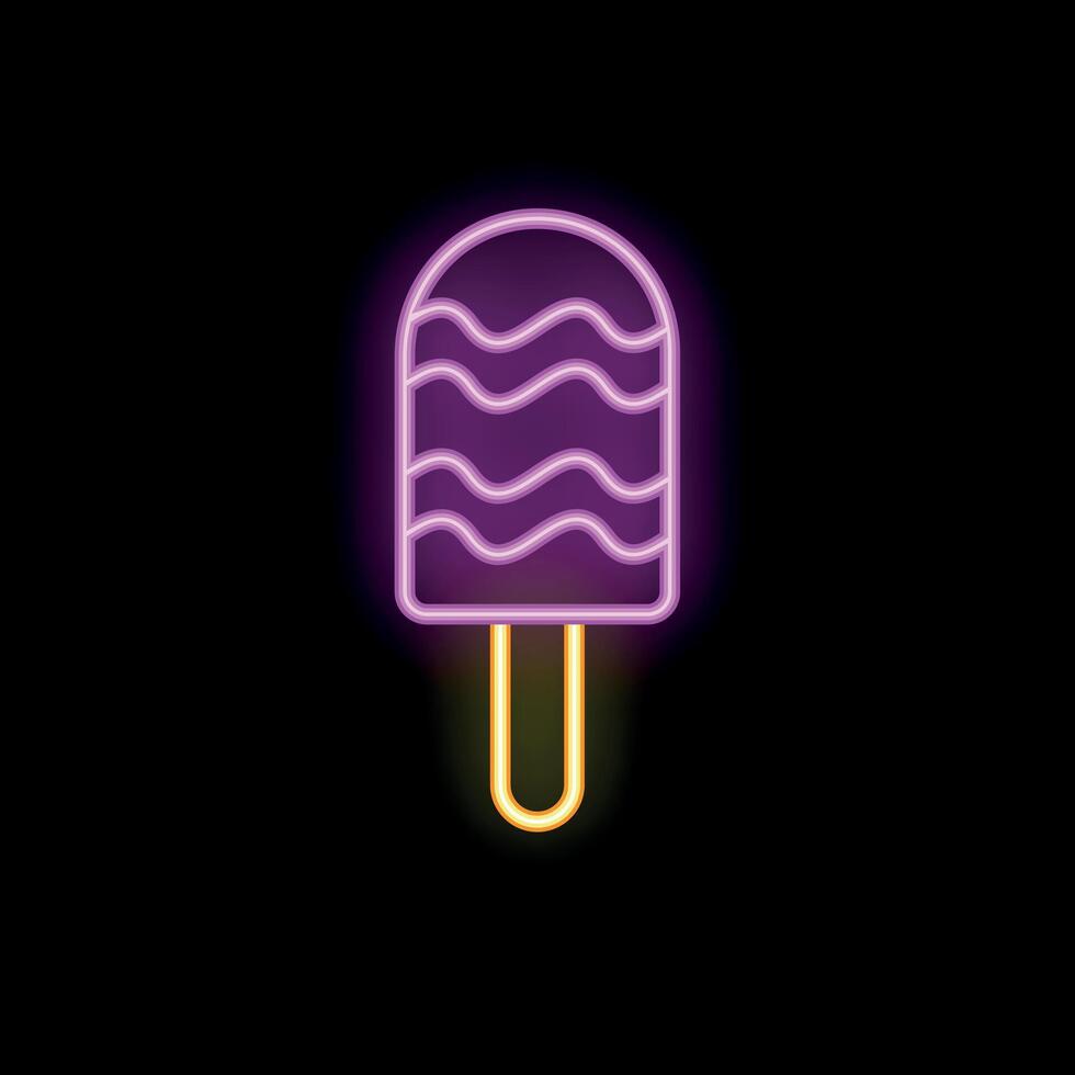 Neon sign of a delicious ice cream on a stick glowing on a dark background vector