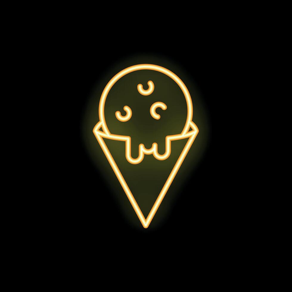 Yellow neon sign of a melting skull ice cream cone on black background vector