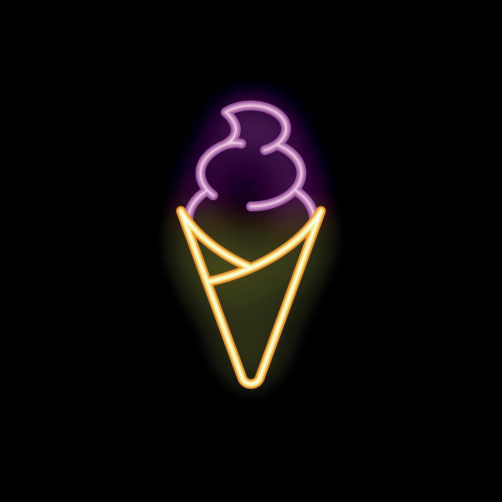 Vibrant neon sign depicting ice cream cone on black background vector