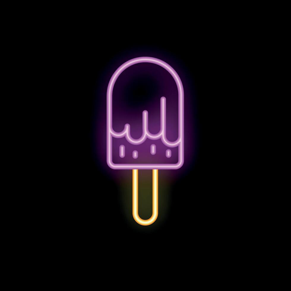 Chocolate covered ice cream bar melting on a stick in neon light vector