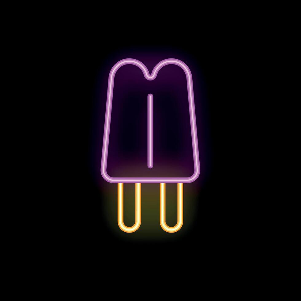 Neon sign of a double ice pop with a bite taken out glowing on black background vector