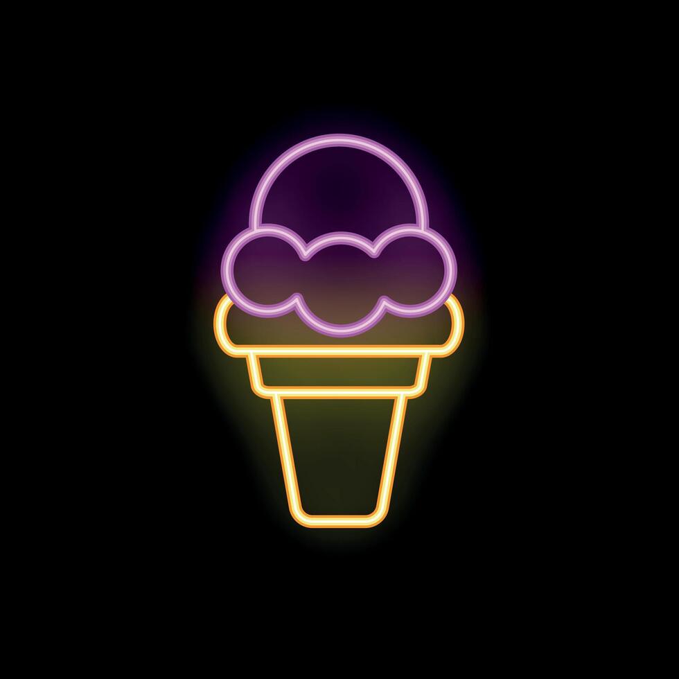 Neon sign showing ice cream cone glowing on black background vector