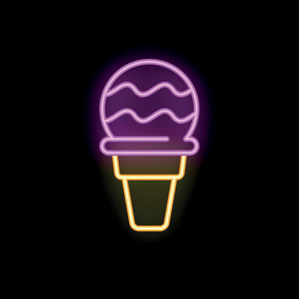 Bright neon sign depicting ice cream cone on black background vector
