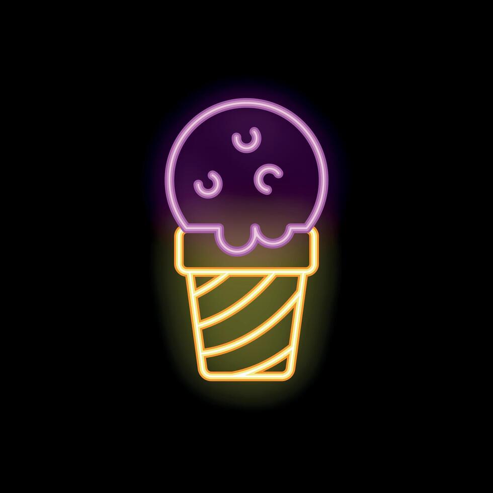 Bright neon sign of melting ice cream in waffle cone on black background vector