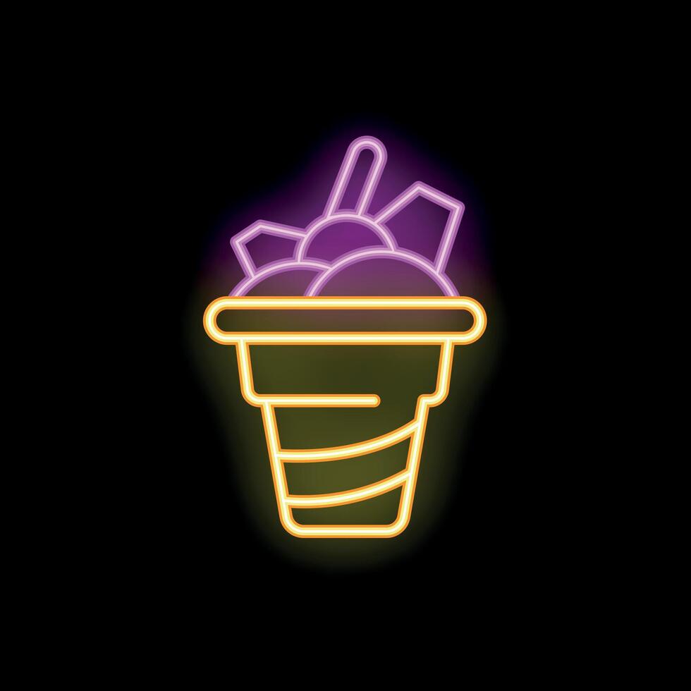 Neon sign representing ice cream dessert with topping in cup on black background vector