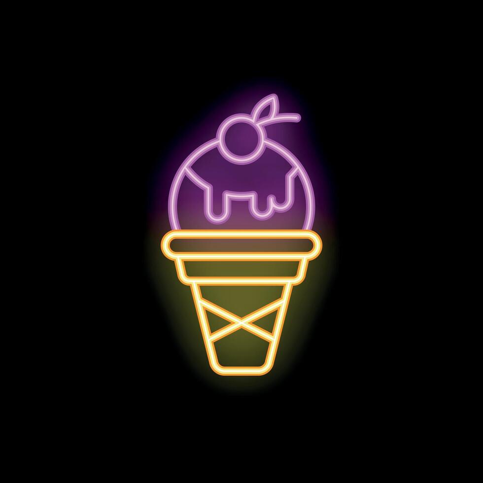Neon sign representing ice cream cone melting with cherry on top vector