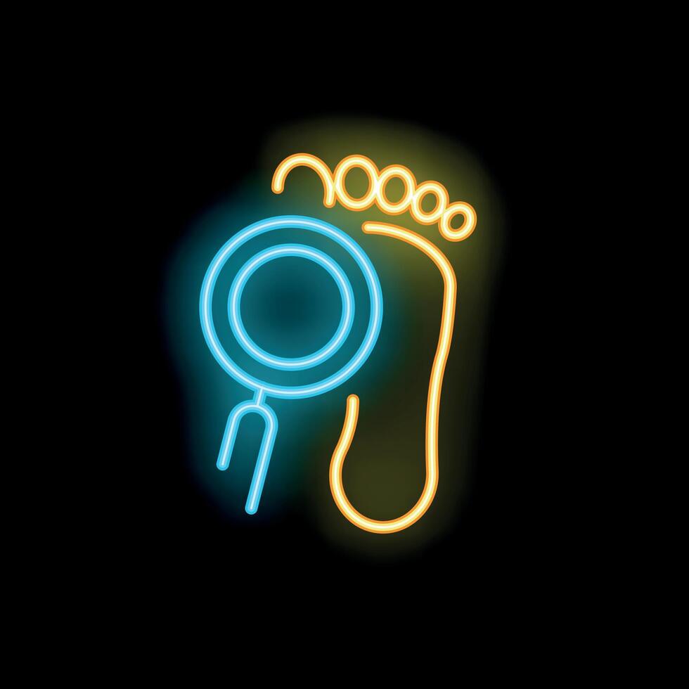 Neon icon of foot with magnifying glass for podiatry clinic vector