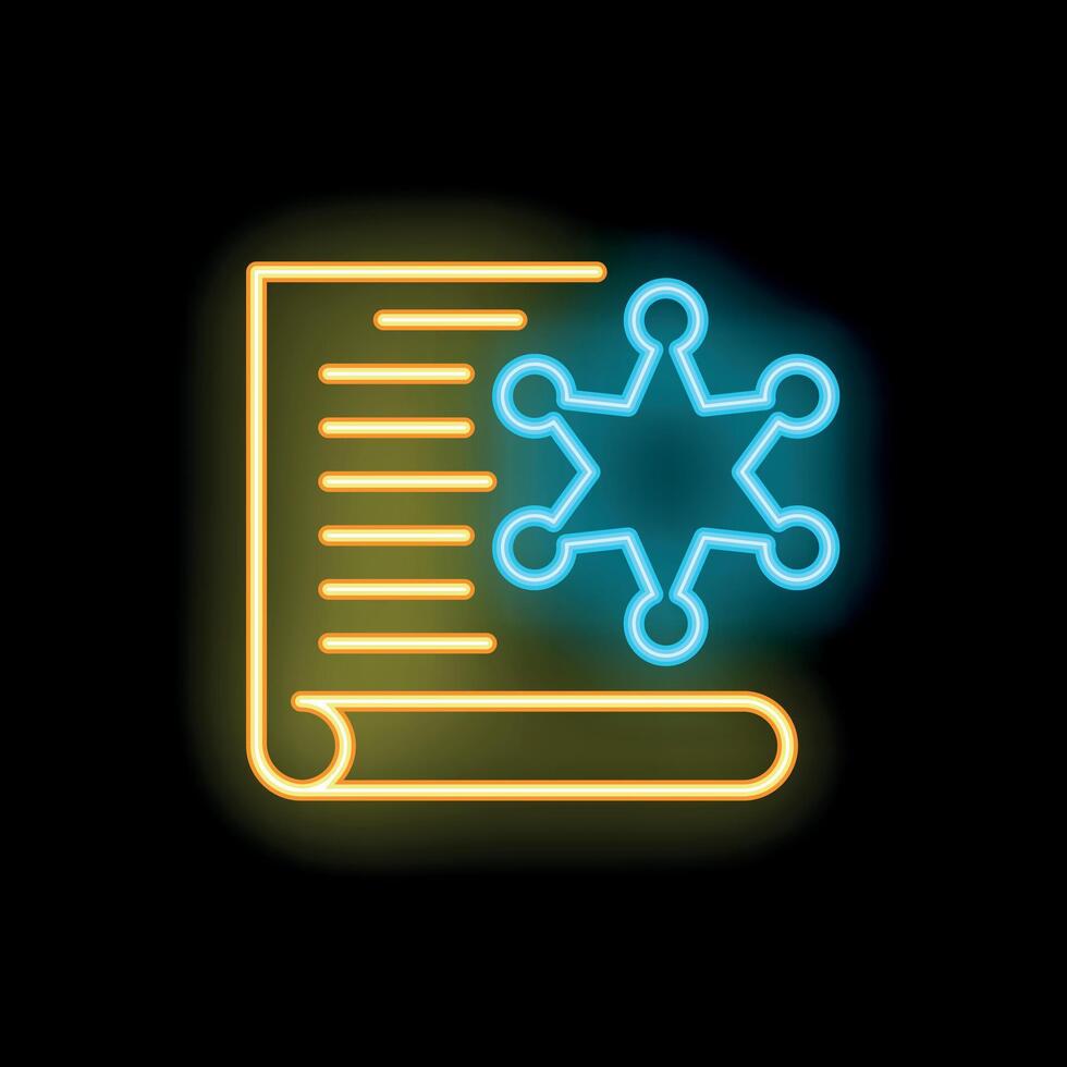 Neon icon of sheriff star appearing over legal document vector