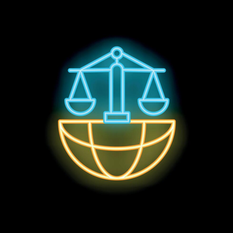 Neon icon of scales of justice balancing on top of the earth representing international law and global justice vector
