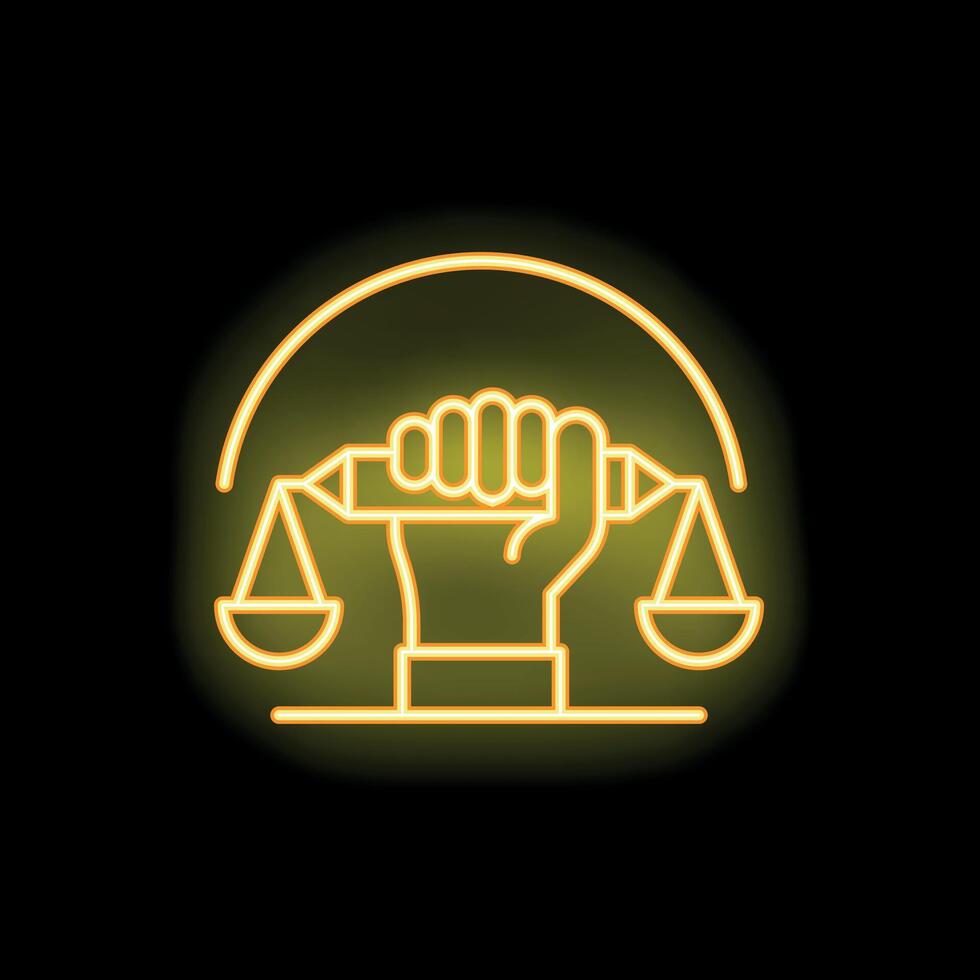 Hand holding pencil with scales of justice neon sign concept vector