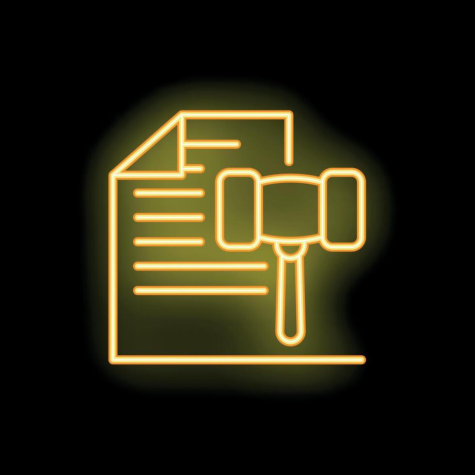 Neon icon of gavel striking over legal document for law concepts vector