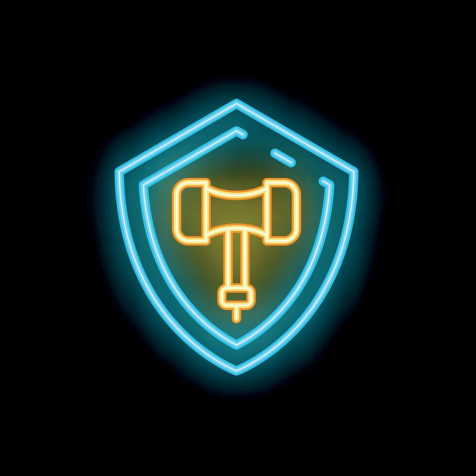 Neon shield protecting gavel icon for law and justice vector