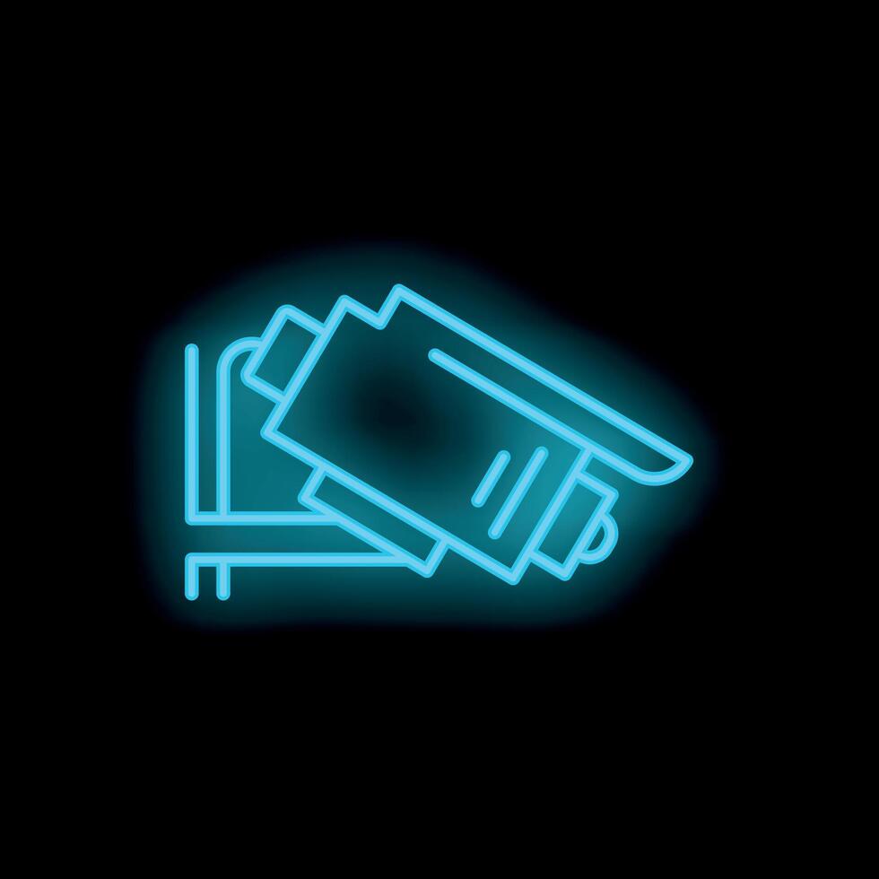 Neon blue icon of a cctv camera glowing on a black background vector