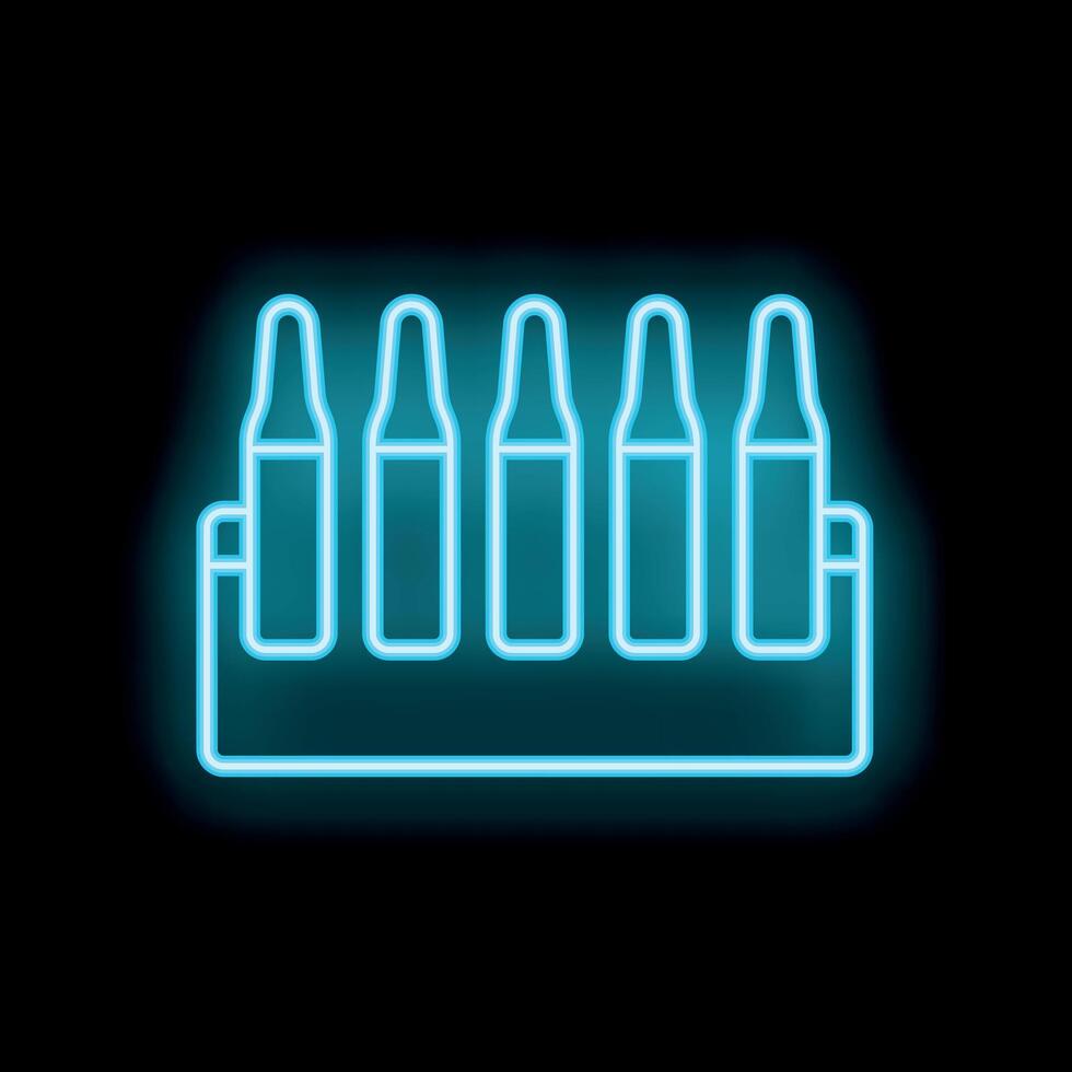 Neon icon of medical ampoules in packaging glowing on dark background vector