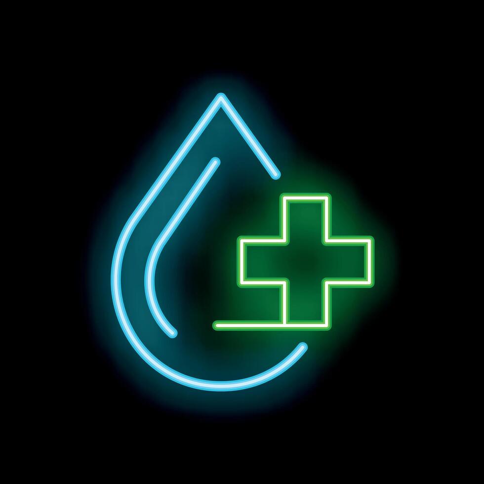 Neon icon of blue water drop with green cross representing clean water initiative vector