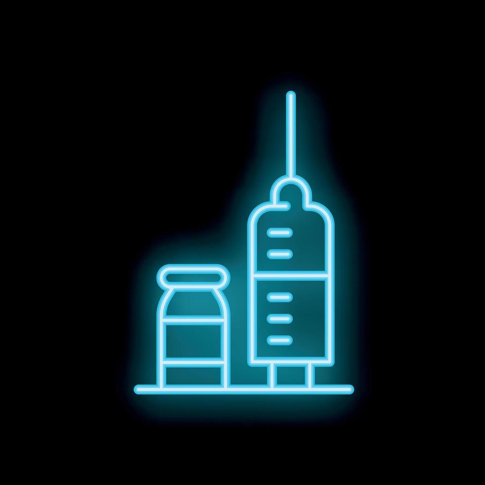Neon syringe and vial glowing on black background vector