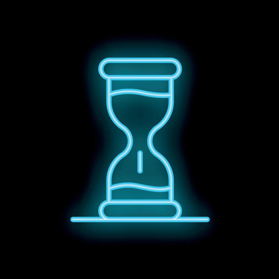 Blue neon sign depicting an hourglass flowing on black background vector