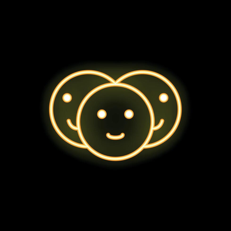 Three neon yellow smiley faces shining on black background vector