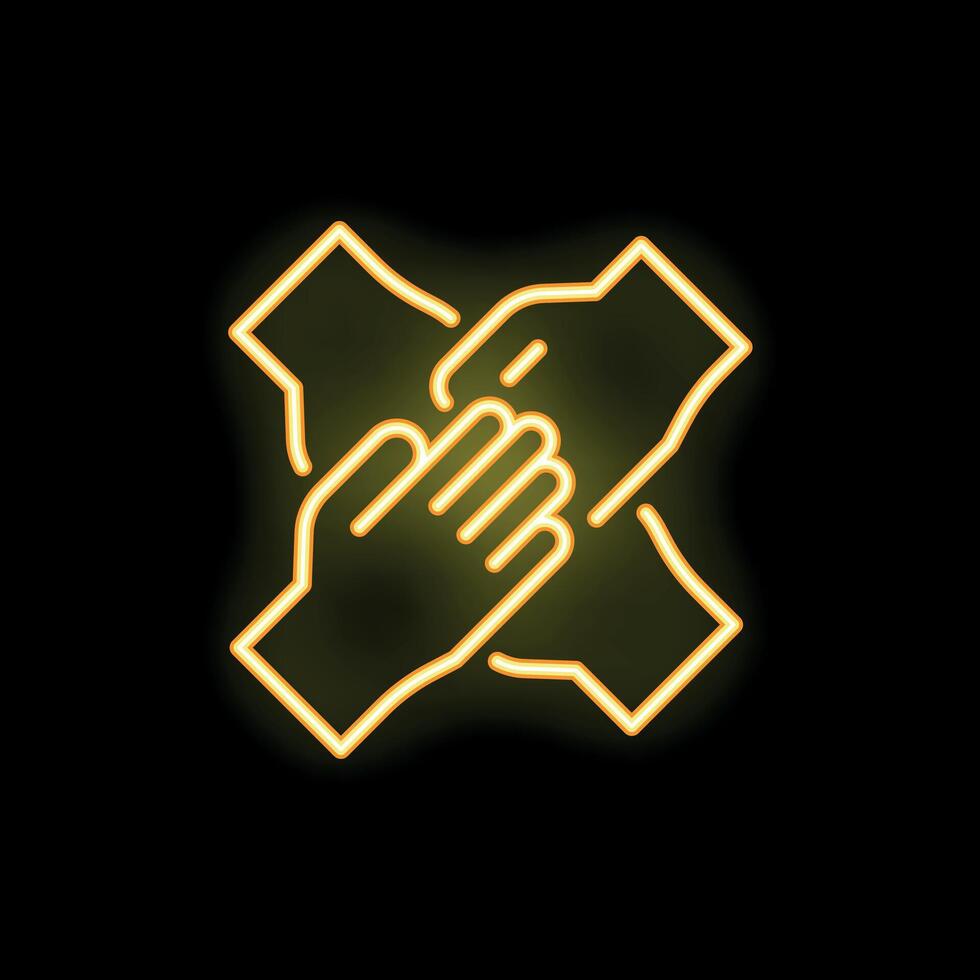 Four hands joining together in center in neon style vector