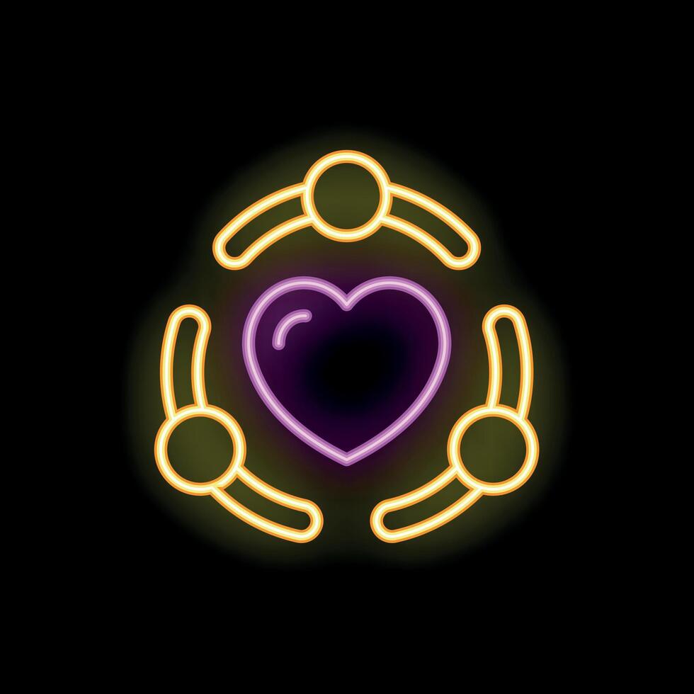 Neon icon of people holding a heart, representing charity and support vector
