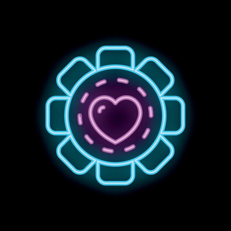 Neon icon of heart surrounded by gear shape representing passion for work vector