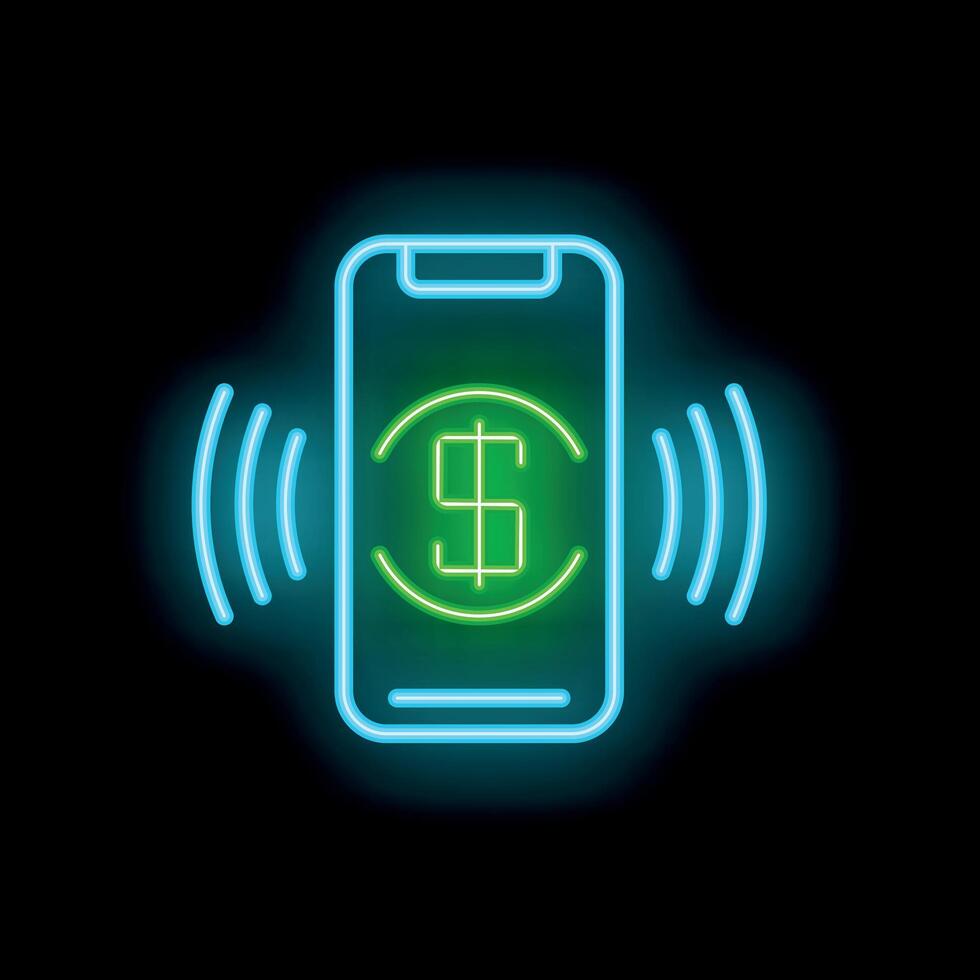 Neon sign of smartphone sending money wirelessly vector