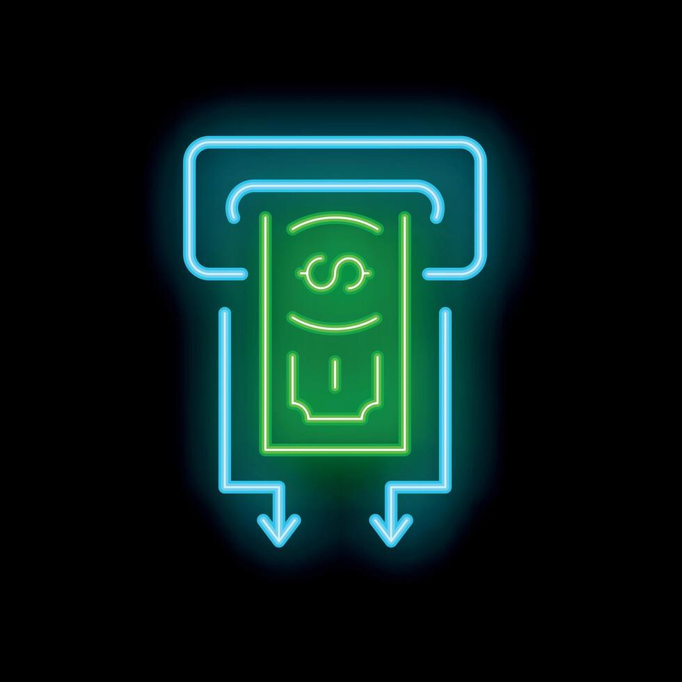 Neon atm cash machine dispensing money icon glowing on dark background vector