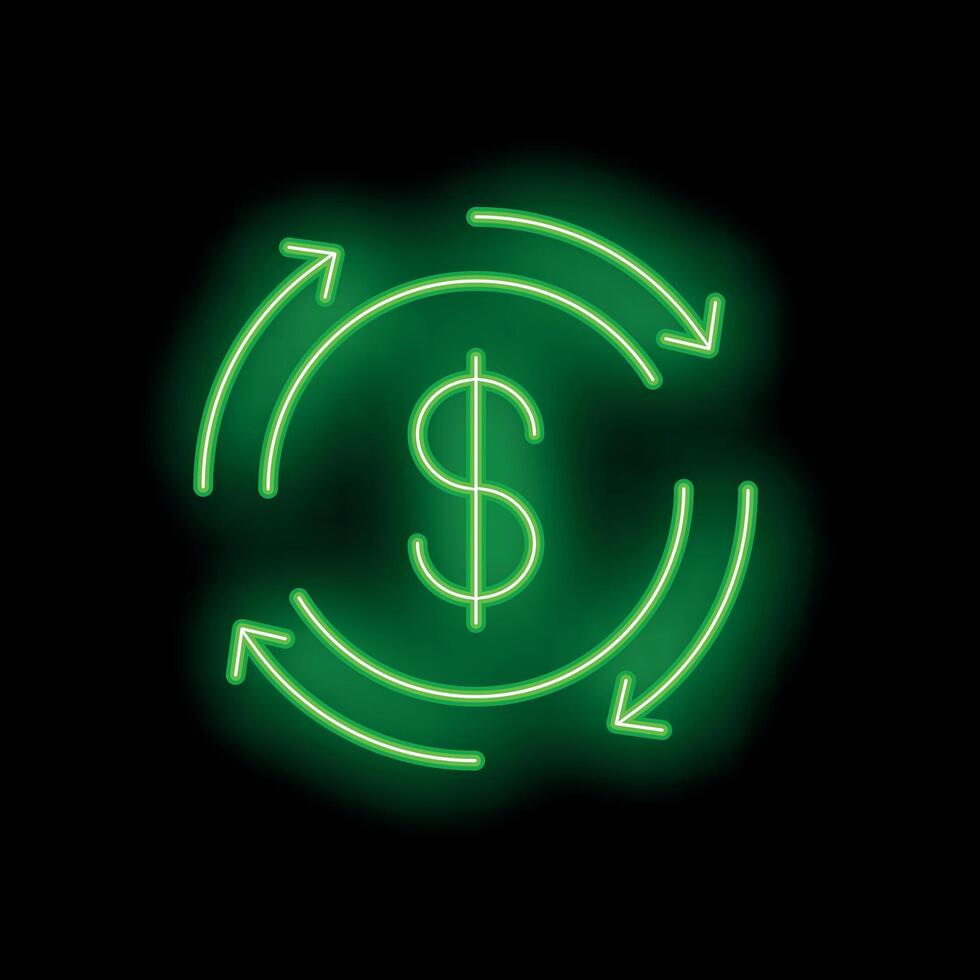 Green neon sign depicting money circulation with arrows on black background vector