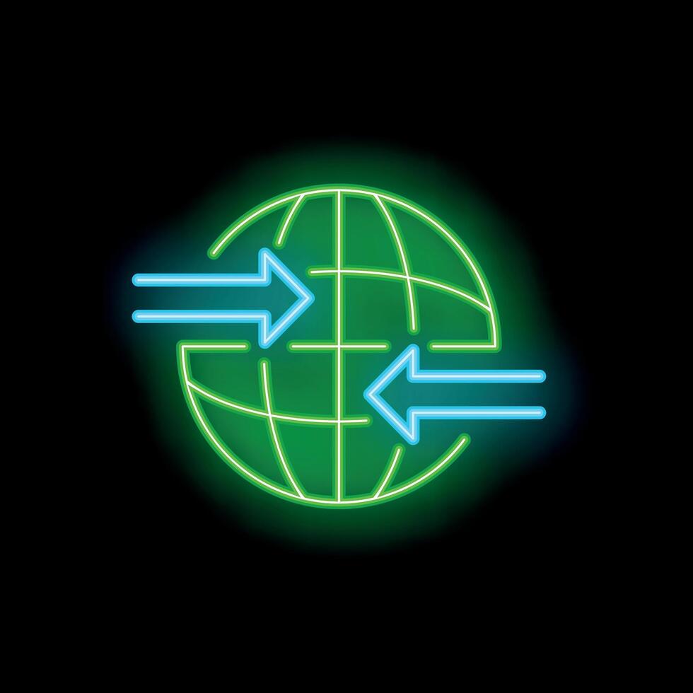 Neon green globe with two blue arrows pointing in opposite directions vector