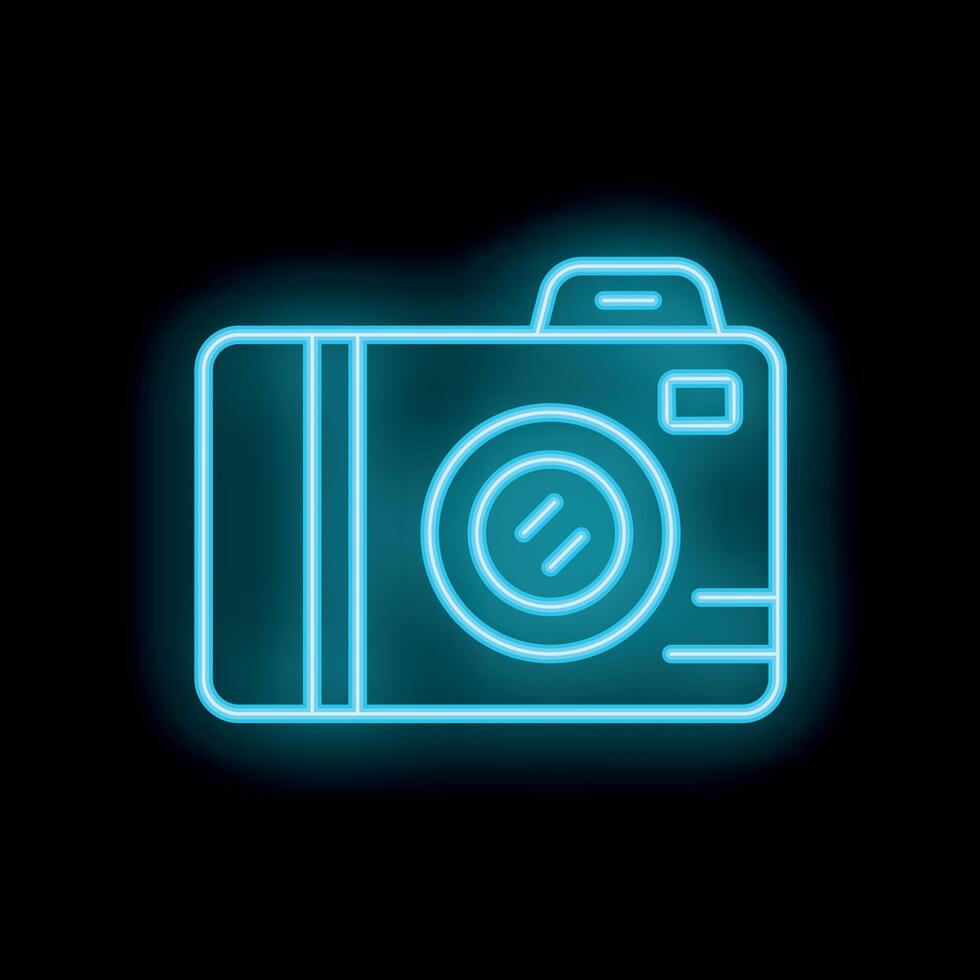 Blue neon sign camera icon glowing on black background vector