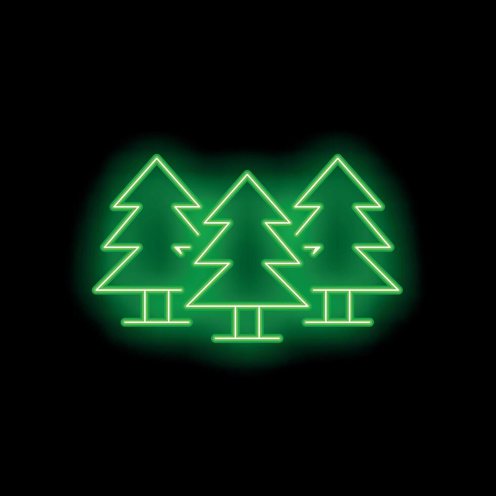 Green neon sign depicting three evergreen trees on black background vector