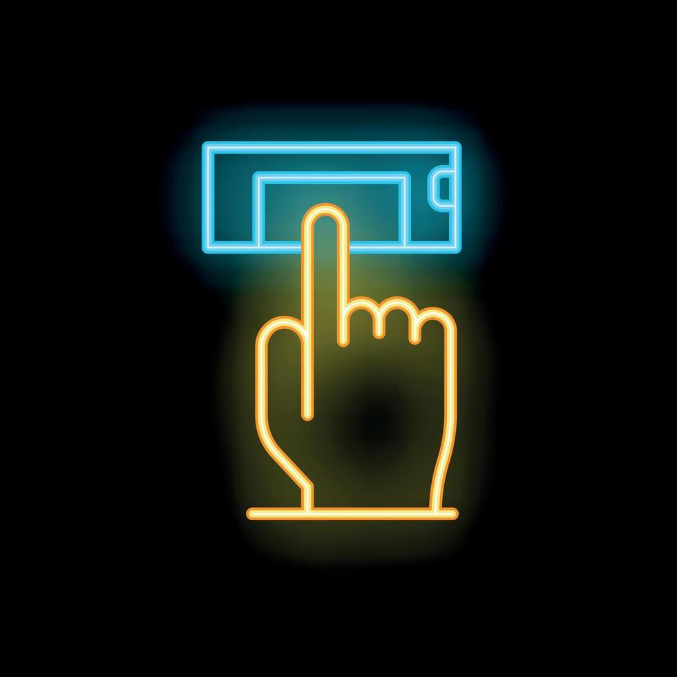 Neon icon of hand pressing button on black background vector