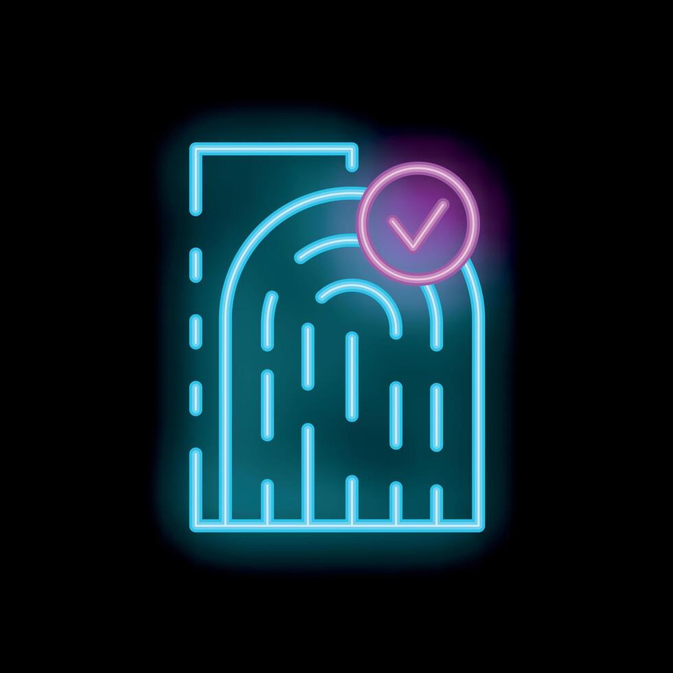 Neon fingerprint scan showing accepted access with checkmark icon vector