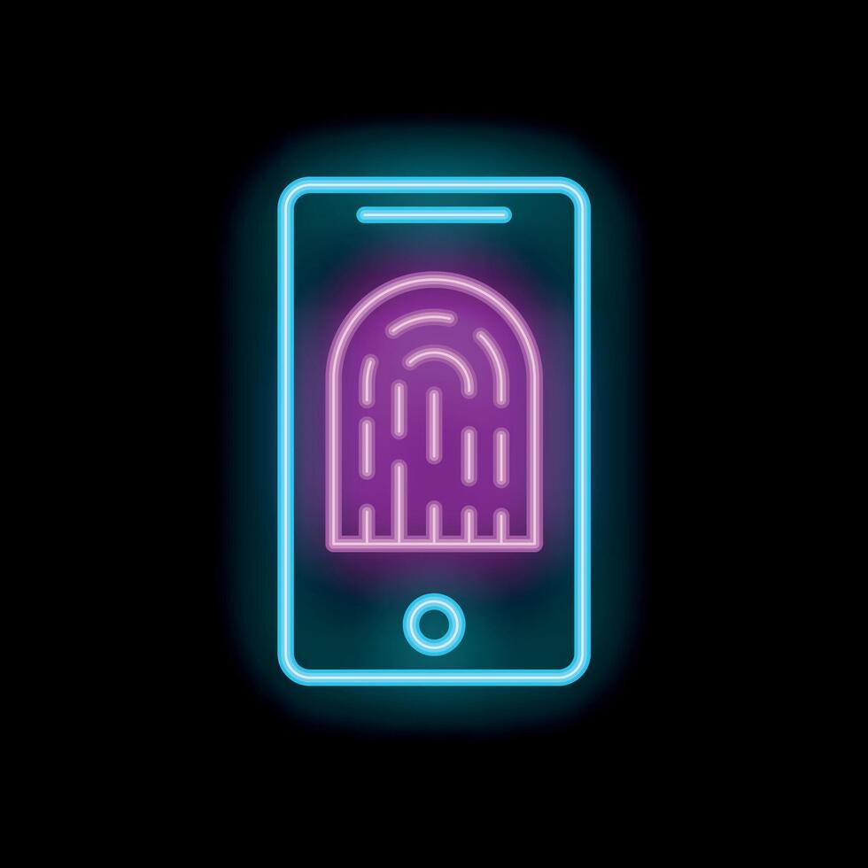 Neon smartphone displaying fingerprint for secure access vector