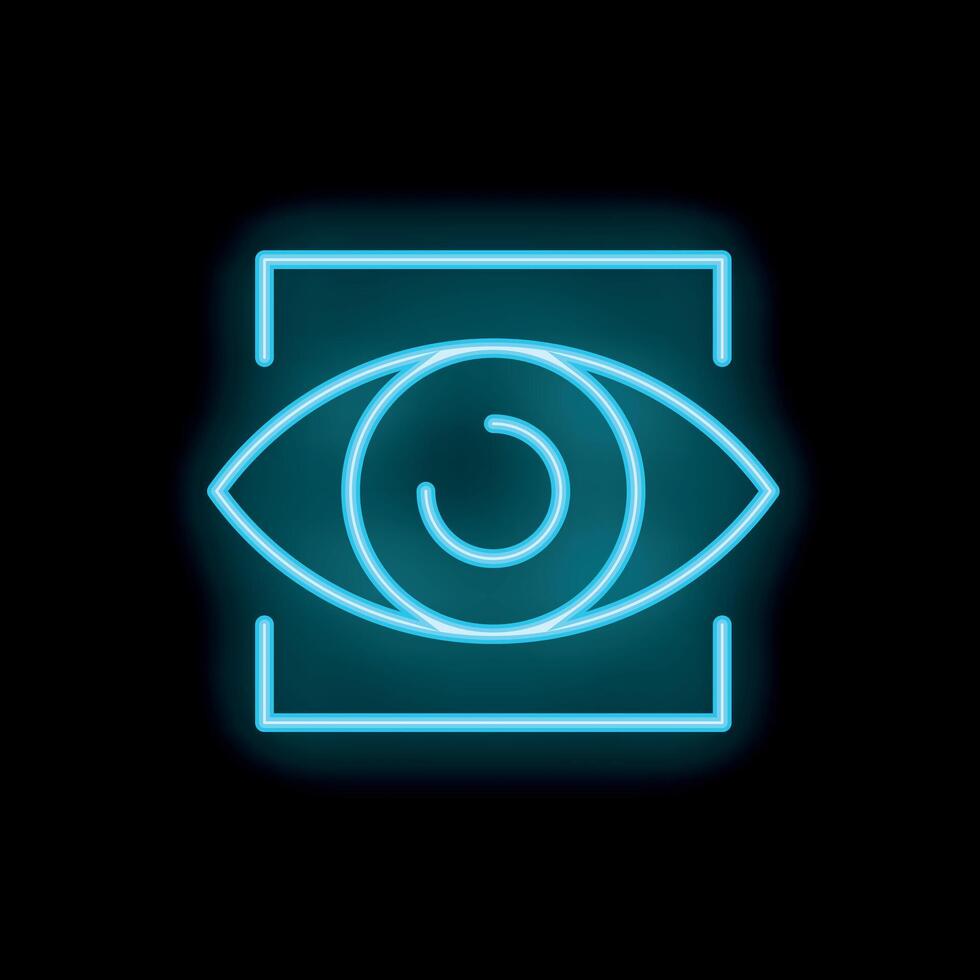 Glowing blue neon sign showing an eye inside a square vector