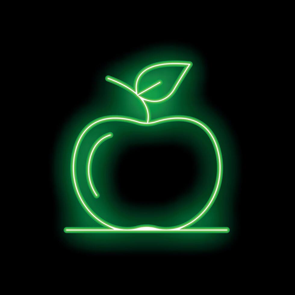 Green neon sign showing an apple with a leaf on black background vector