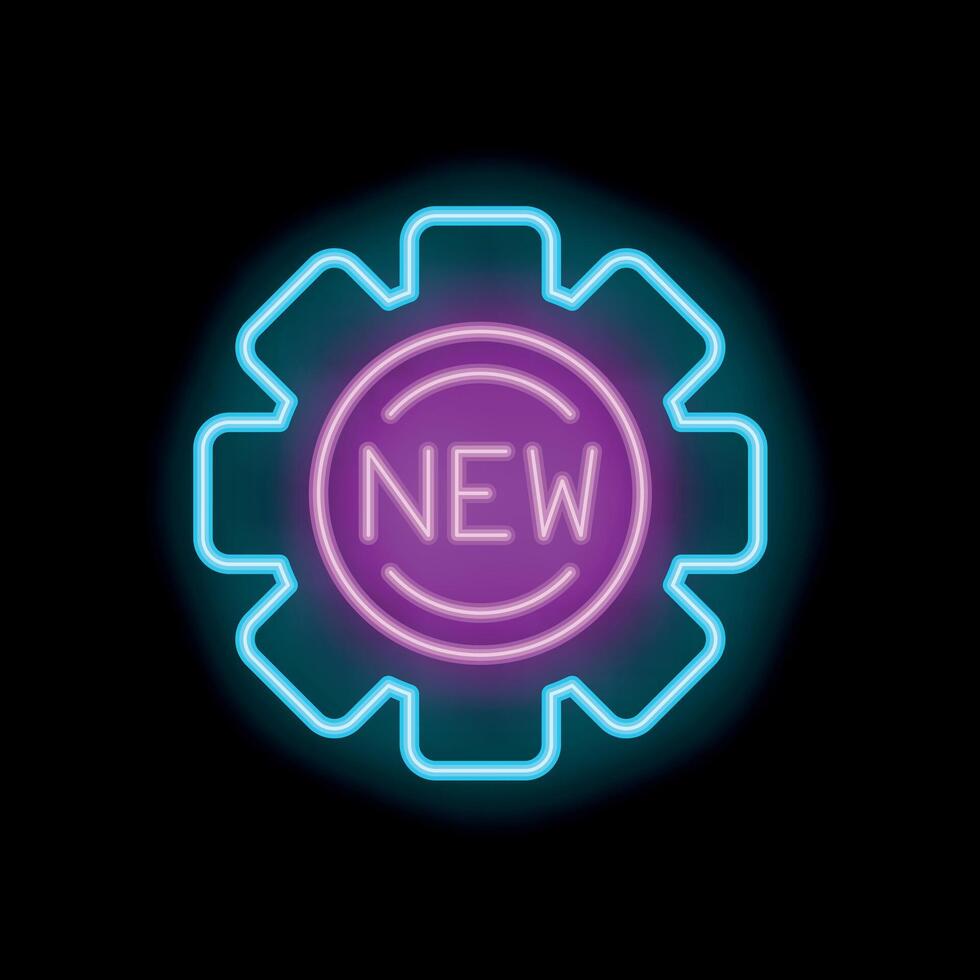 Neon sign showing new product launch with gear icon in circle frame vector